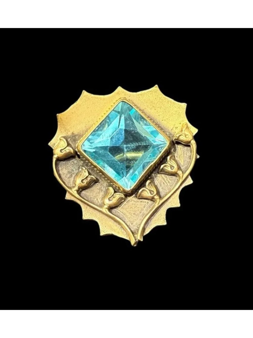Art Nouveau Floral Brass Square Cut Aqua Crystal Brooch C Clasp Pin